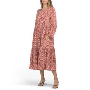 IN FEBRUARY Burgundy Floral Tiered Midi Dress With Back Tie Detail